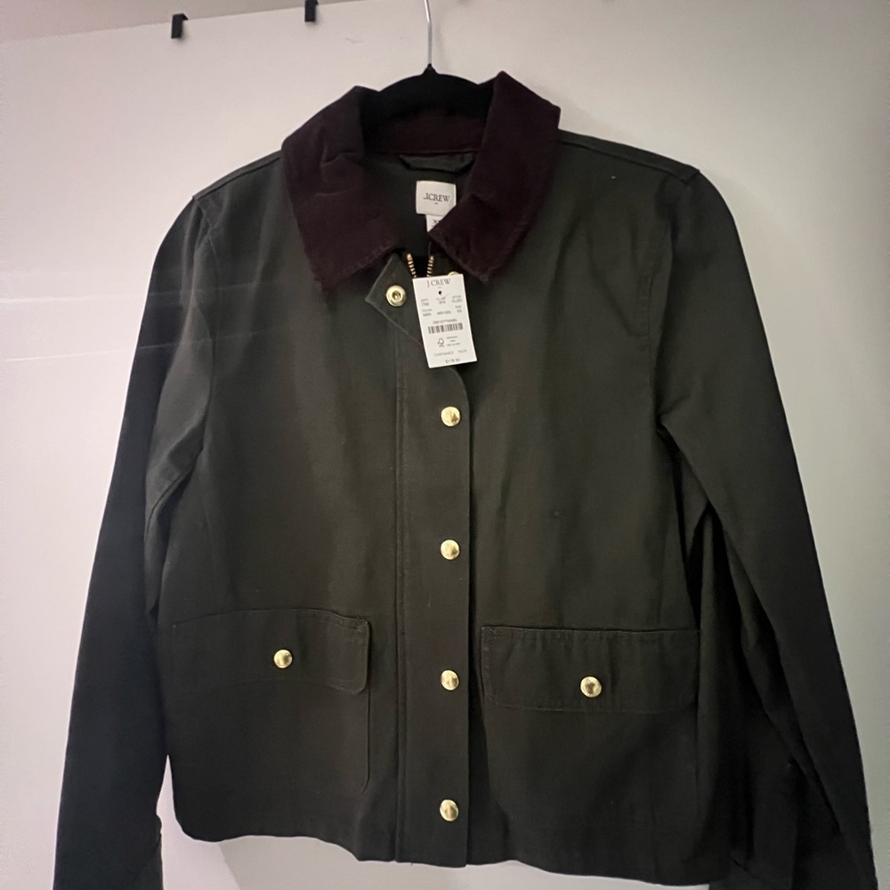 J Crew Women's Dark Green Jacket with Burgundy Collar brand new